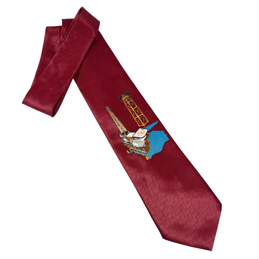 Vintage Mens Necktie Marco Polo Italian Style Oil Rig Burgundy